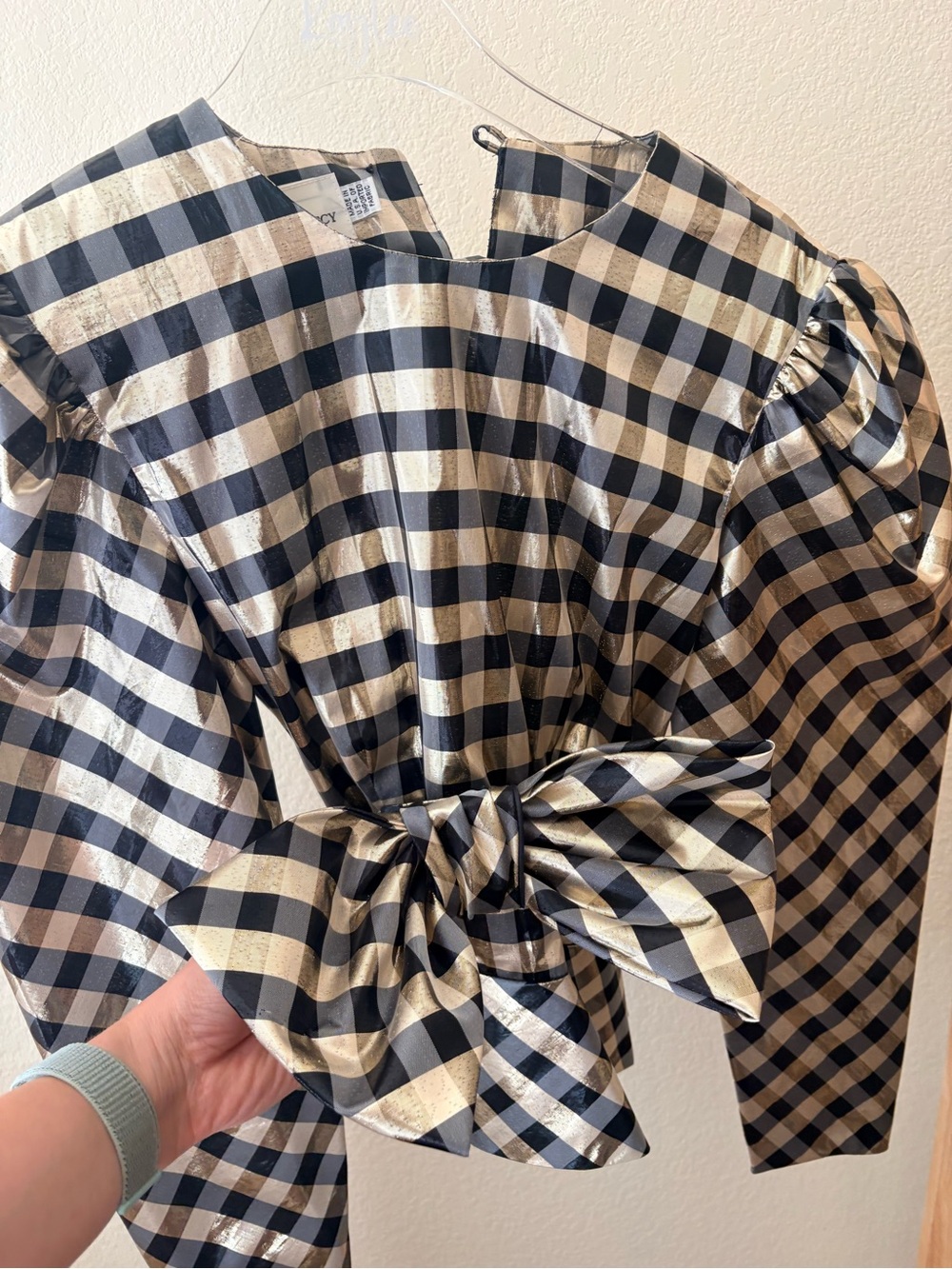 Gingham Puff-Sleeve Tie-Waist Blouse in Black and Cream
